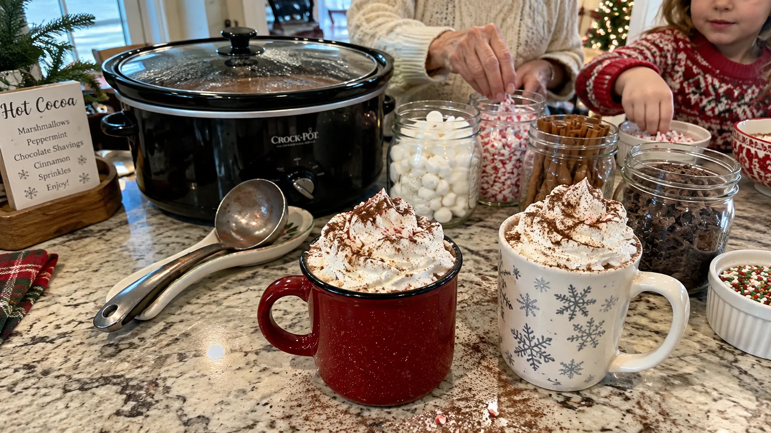 Mugs of hot cocoa topped with whipped cream sit on a counter near a slow cooker and jars of marshmallows and toppings.