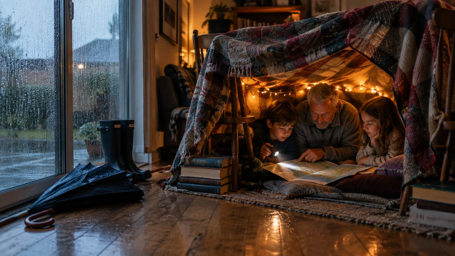 Grandfather and two grandchildren look at a map with a flashlight inside a cozy blanket fort on a rainy day.