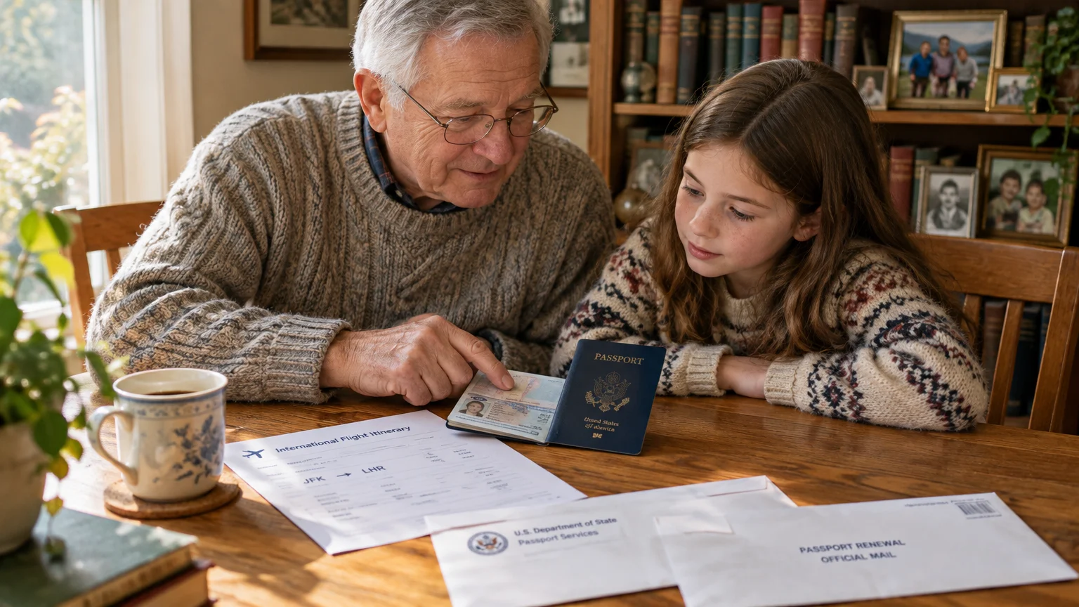 A grandfather and granddaughter at a wooden table reviewing an open U.S. passport and flight itinerary.