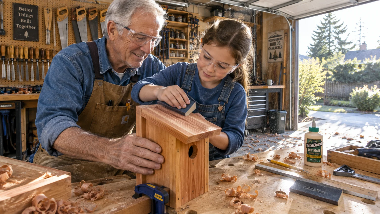 An older man and a young girl wearing safety goggles sand a wooden birdhouse together at a garage workbench.