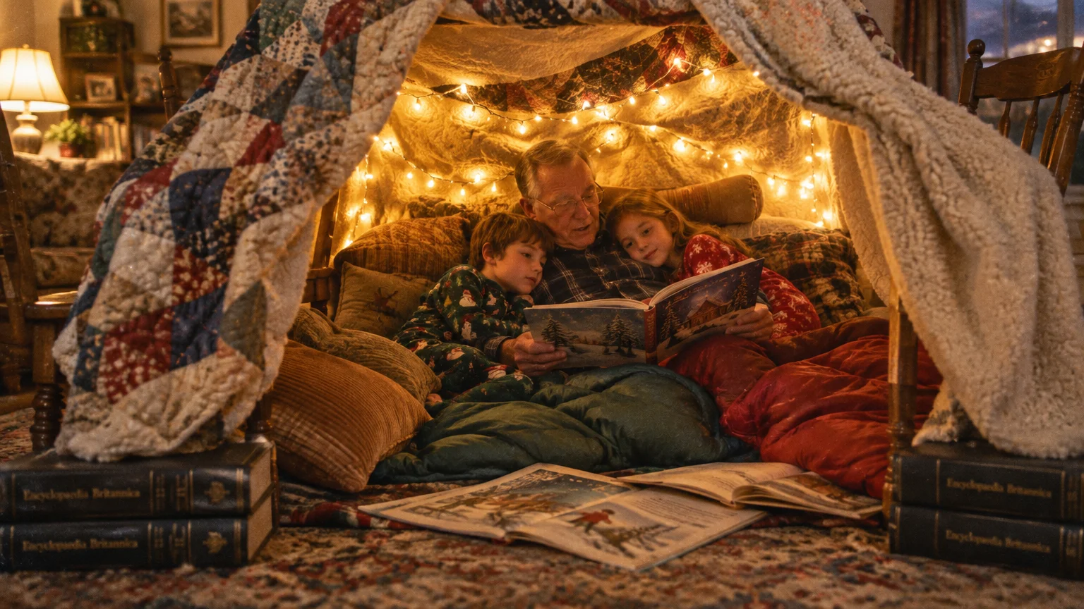 A grandfather reads a book to two children inside a cozy blanket fort illuminated by fairy lights.