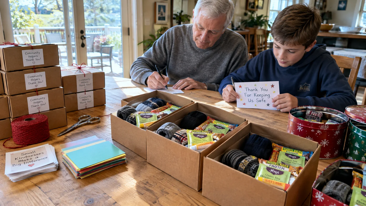 A grandfather and grandson assemble care package boxes and write thank-you cards at a wooden dining table.