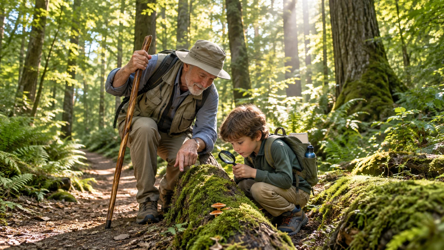 An older man and a young boy crouch beside a mossy log on a forest trail to inspect mushrooms with a magnifying glass.