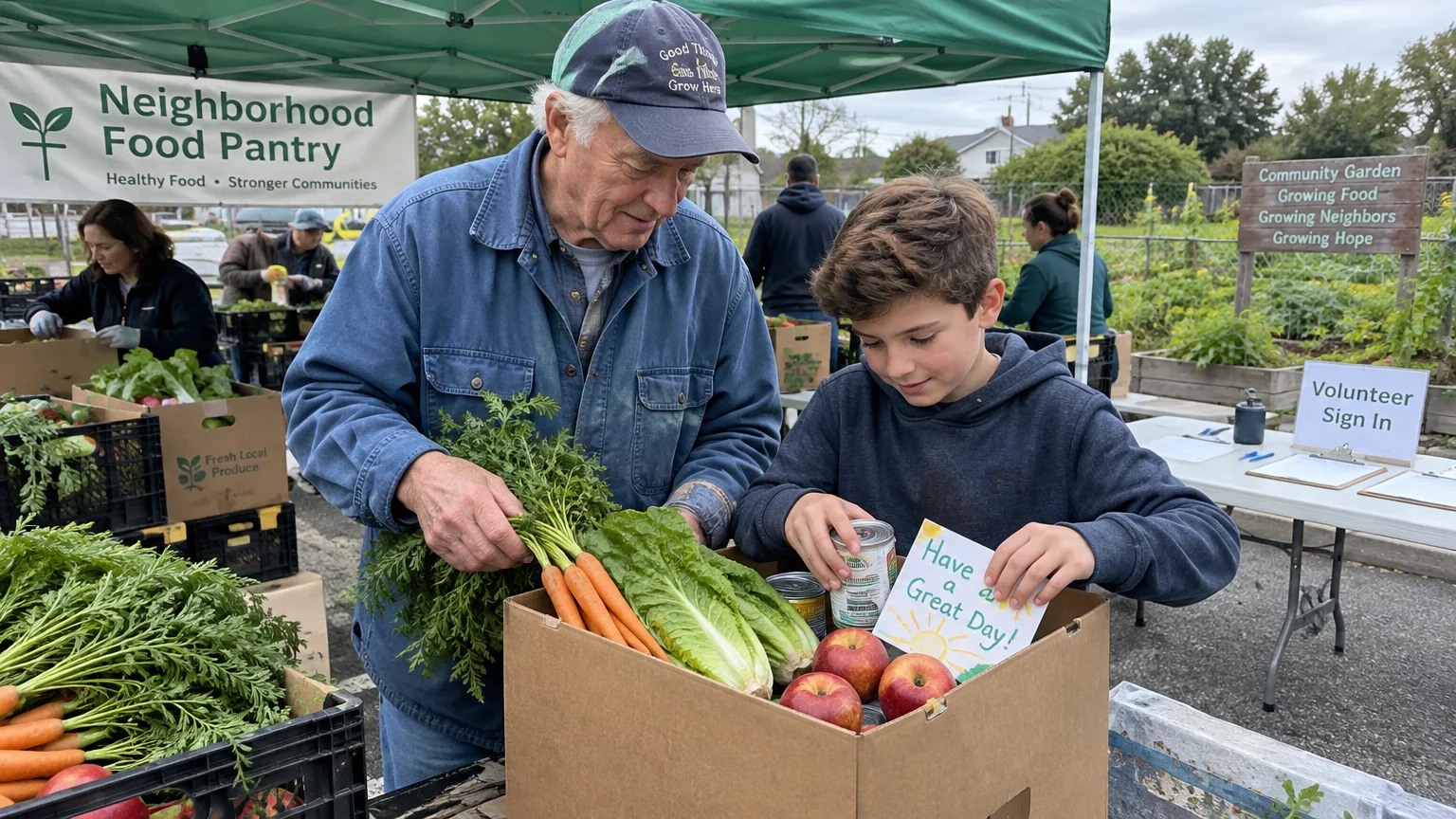 An older man and a boy pack carrots, lettuce, and canned goods into a donation box at an outdoor food pantry.
