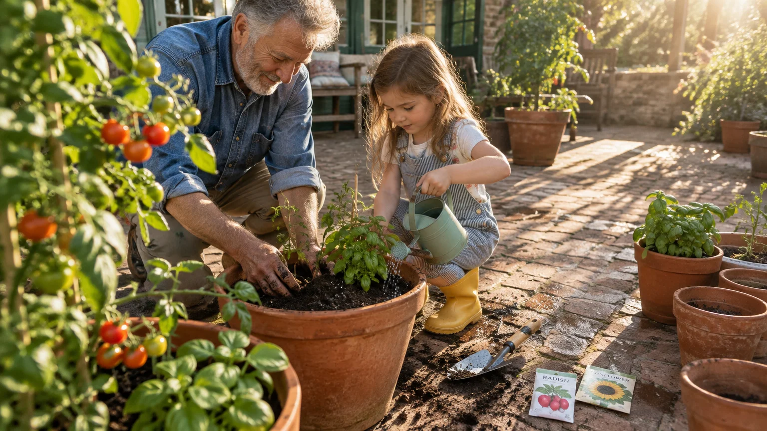 Grandfather and granddaughter planting basil and watering soil in terracotta pots on a brick patio.