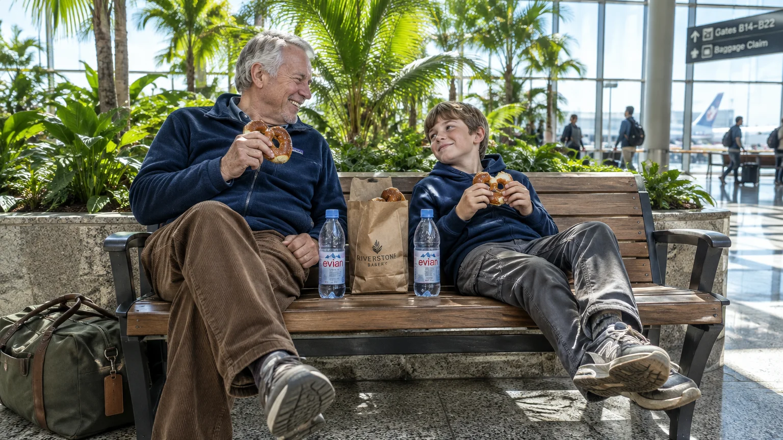An older man and a young boy sit on a wooden airport bench, smiling at each other while eating large pretzels.