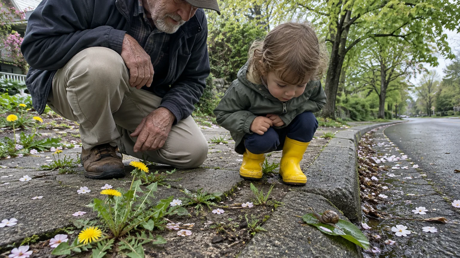 An older man and a young toddler in yellow rain boots crouch on a sidewalk to observe a snail on a leaf.