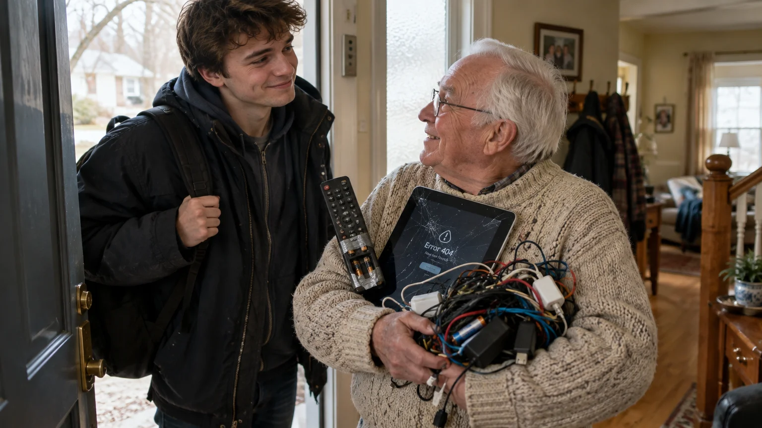 Senior man at the door holding a cracked tablet, remote, and tangled cords while greeting a smiling young man with a backpack.