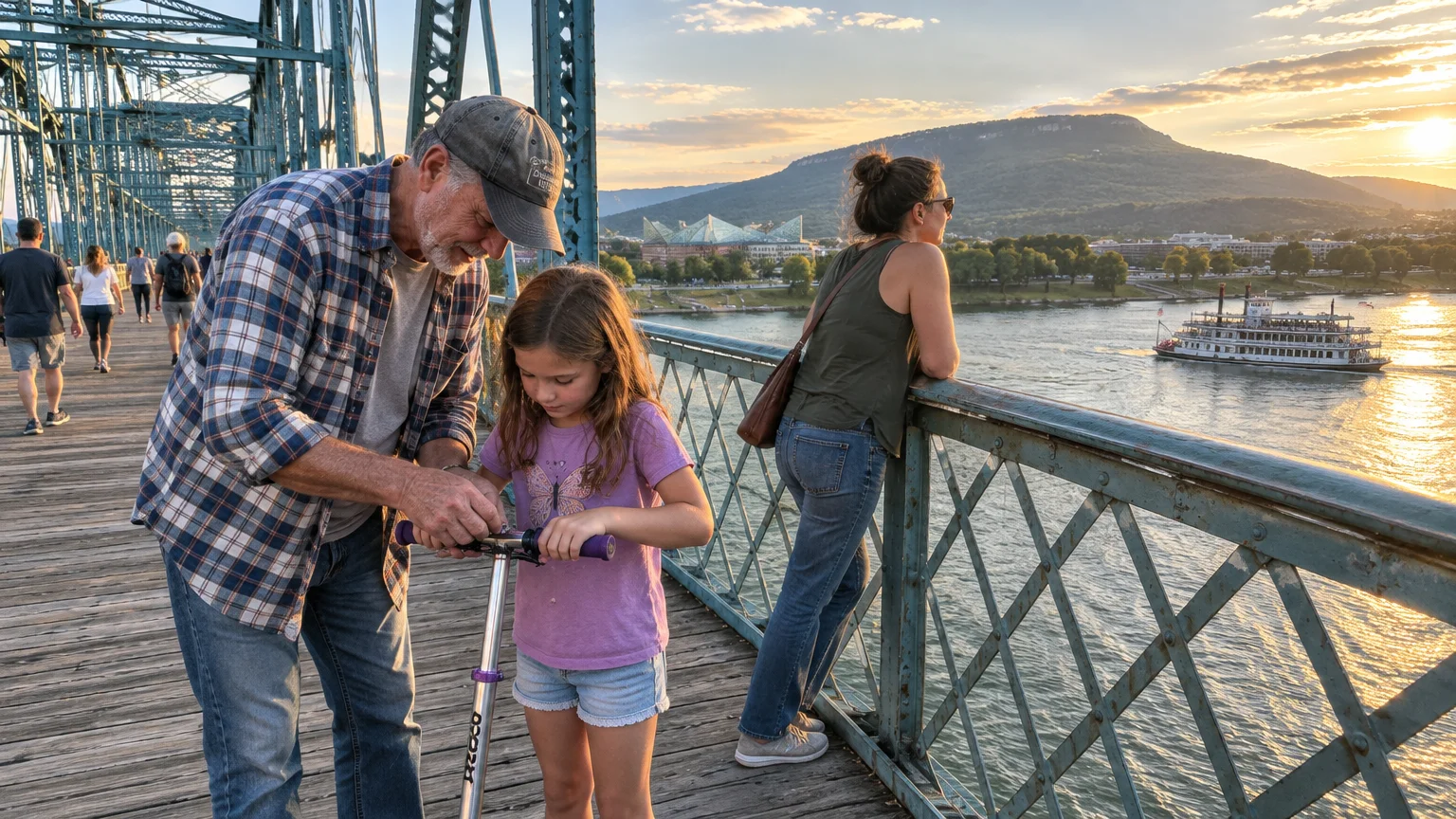 Grandfather helps a girl fix her scooter on a pedestrian bridge overlooking a river, boat, and distant mountains at sunset.