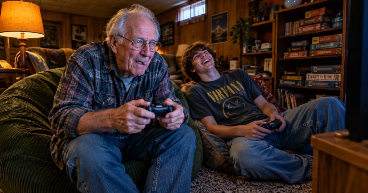 An elderly man and a teenage boy sit in beanbag chairs playing video games together with controllers in a cozy room.