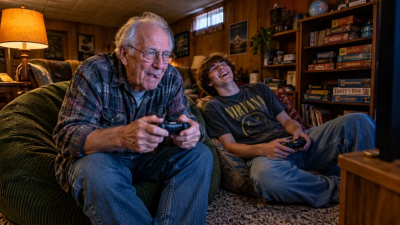 An elderly man and a teenage boy sit in beanbag chairs playing video games together with controllers in a cozy room.