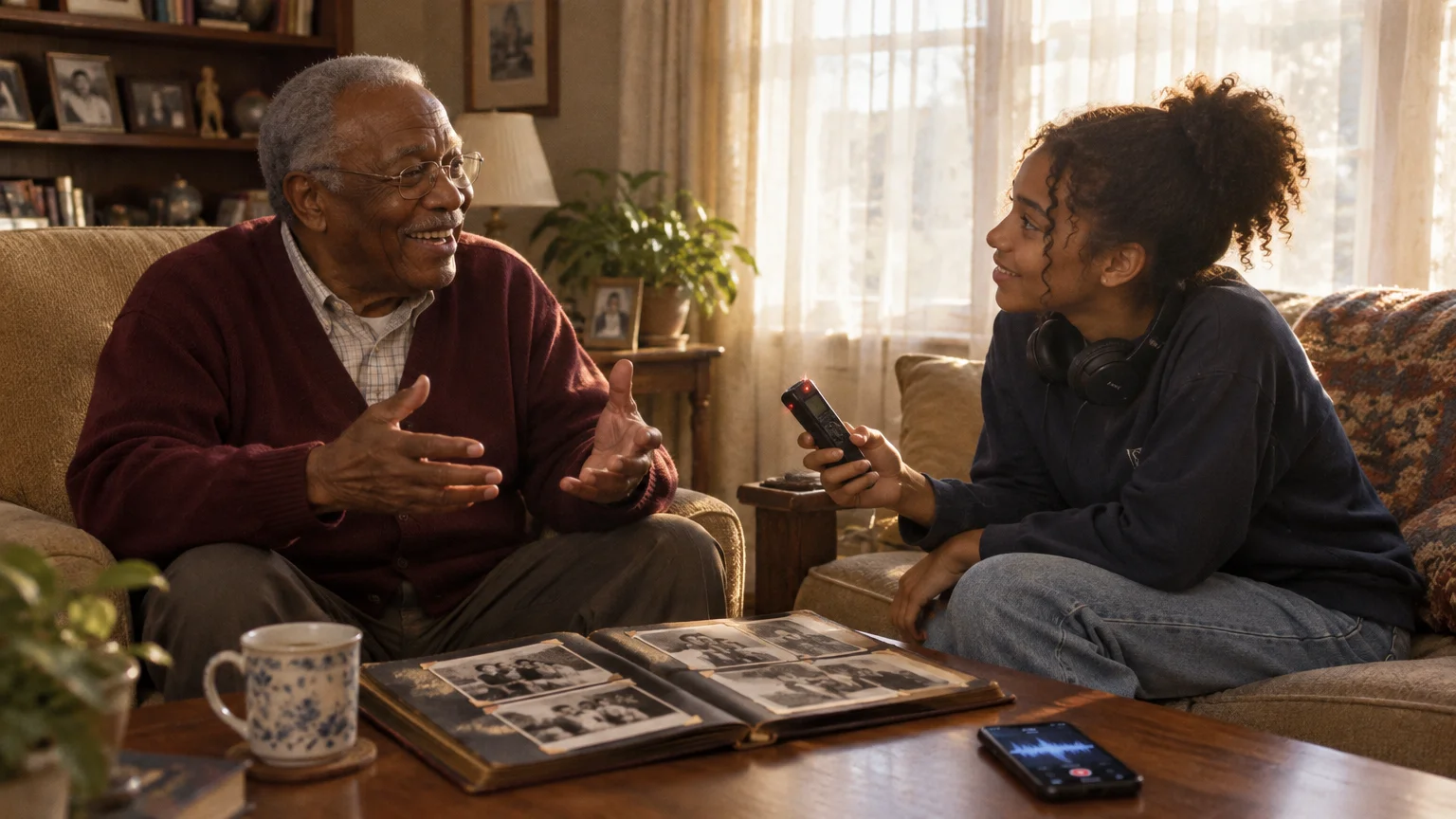 A teenage girl holds a voice recorder while interviewing an older man seated beside an open vintage photo album.
