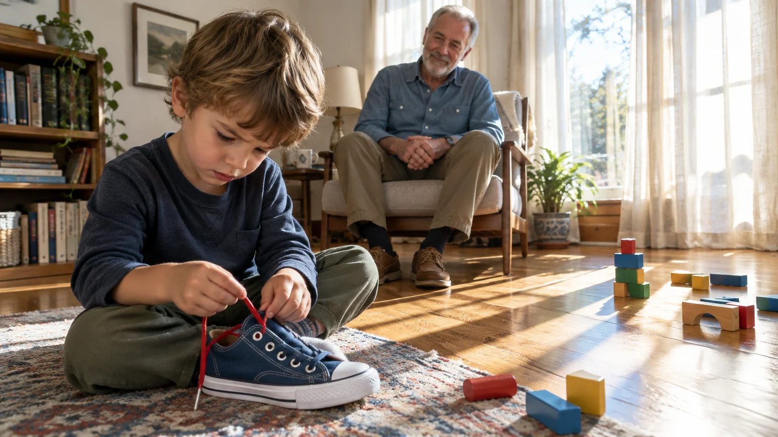 A young boy sits on a rug tying his blue sneaker while an older man watches calmly from an armchair.