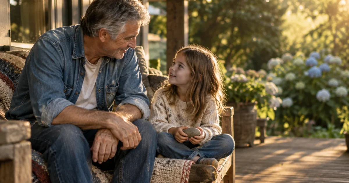 Older man and young girl sitting on an outdoor porch bench, smiling and looking warmly at each other in the sunlight.