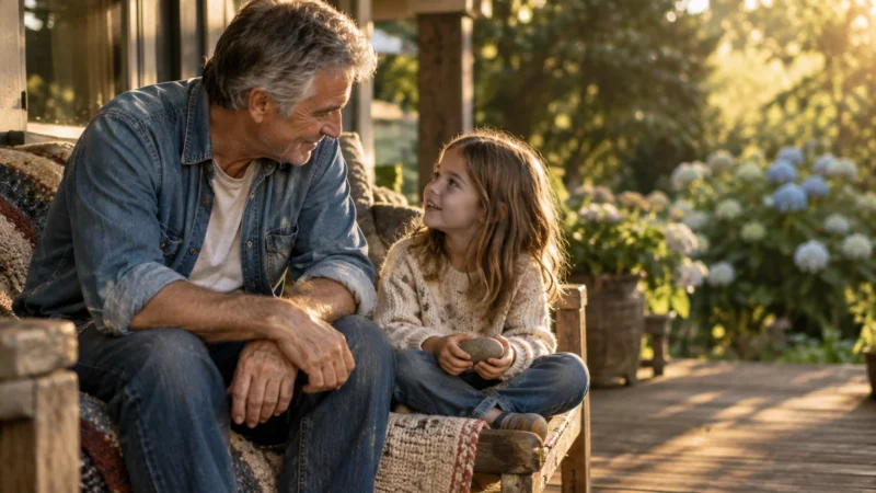 Older man and young girl sitting on an outdoor porch bench, smiling and looking warmly at each other in the sunlight.