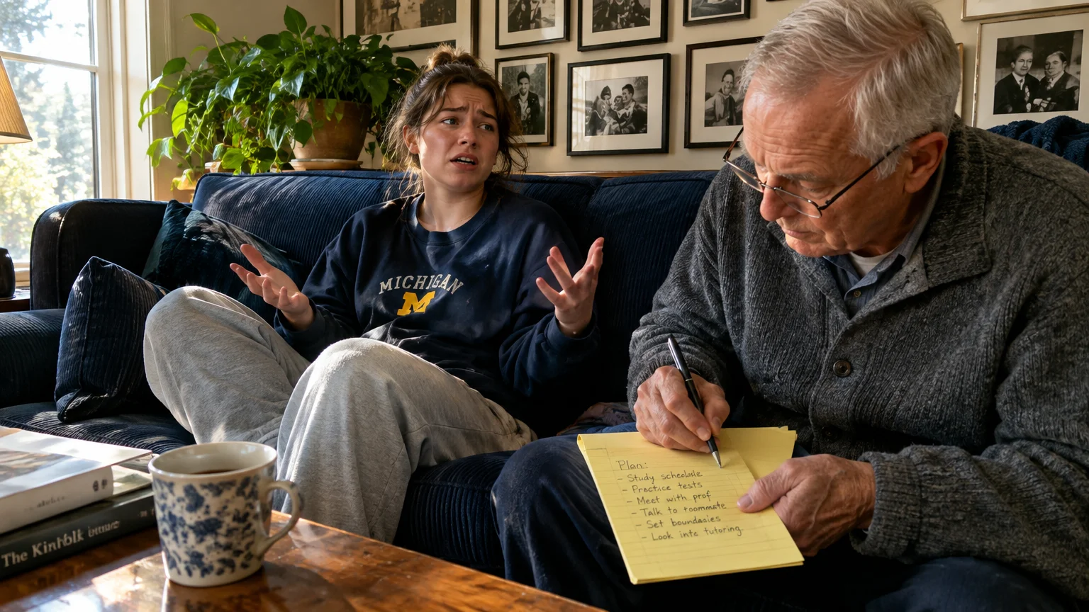 A young woman gestures frustratedly on a sofa while an older man writes a list on a yellow legal pad.
