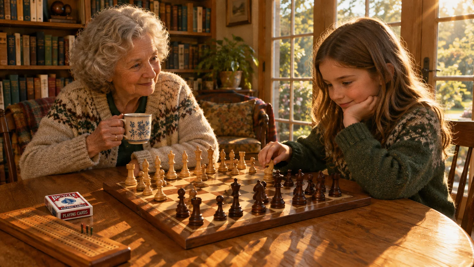 A grandmother holds a mug and watches a young girl move a piece during a chess game at a wooden table.