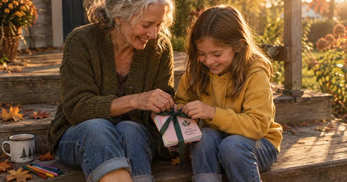 A grandmother and granddaughter sitting on wooden porch steps opening a small ribbon-tied gift together in autumn sunlight.