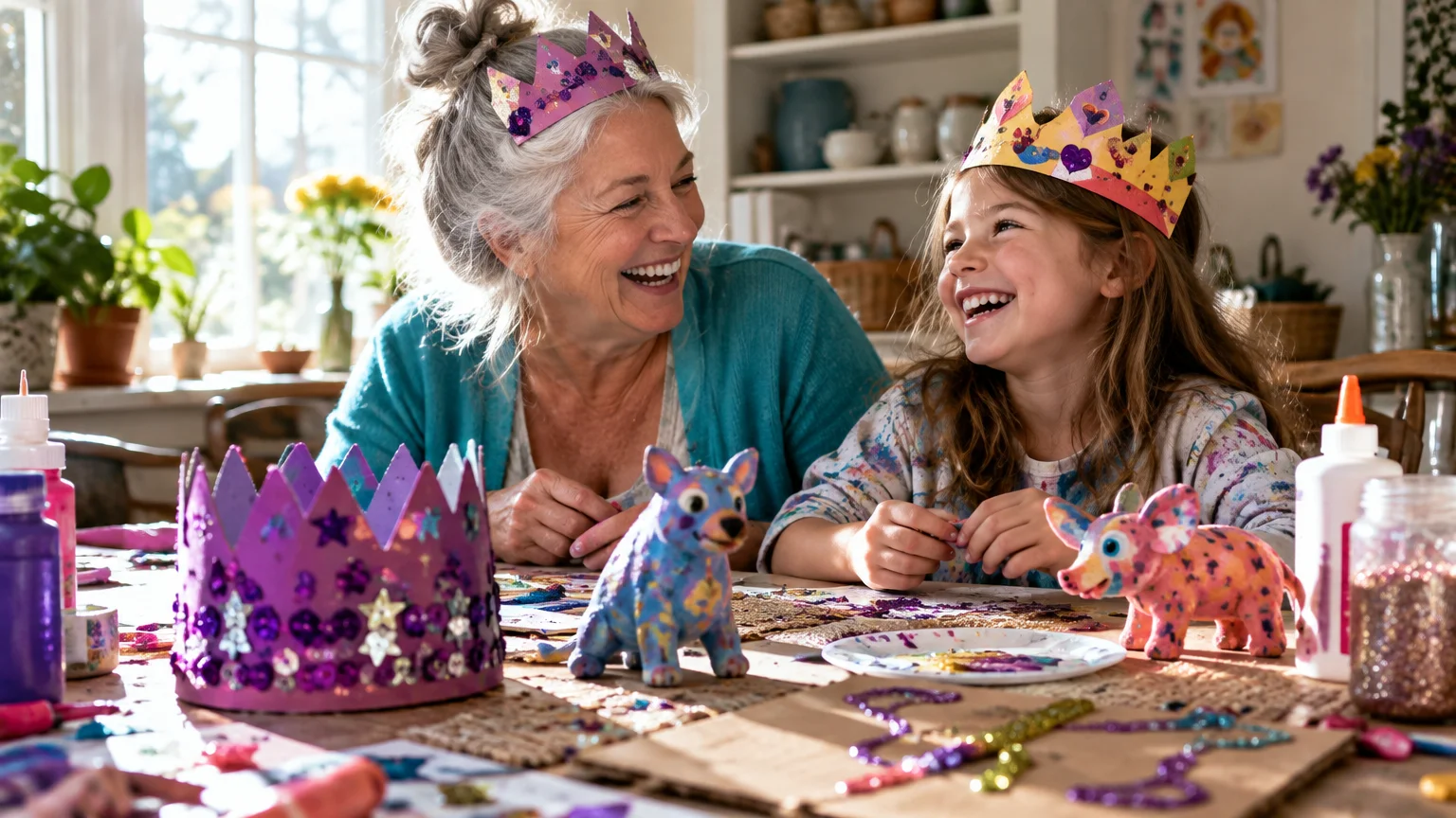 Smiling grandmother and young girl wearing paper crowns laugh together at a table covered in colorful crafts.