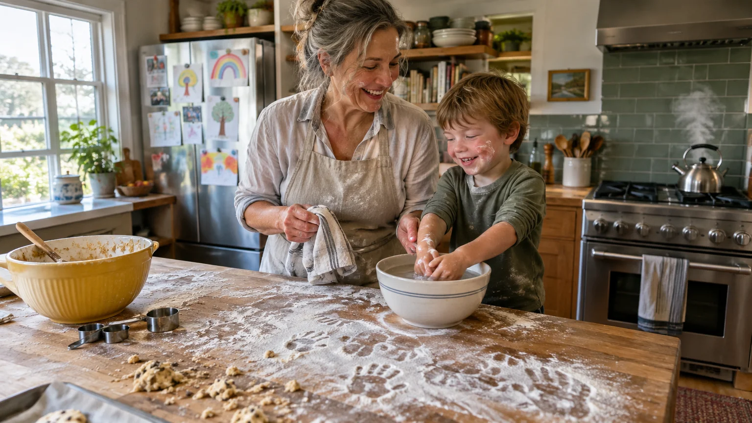 A grandmother smiling as a young boy with flour on his cheeks washes his hands in a bowl on a messy kitchen island.