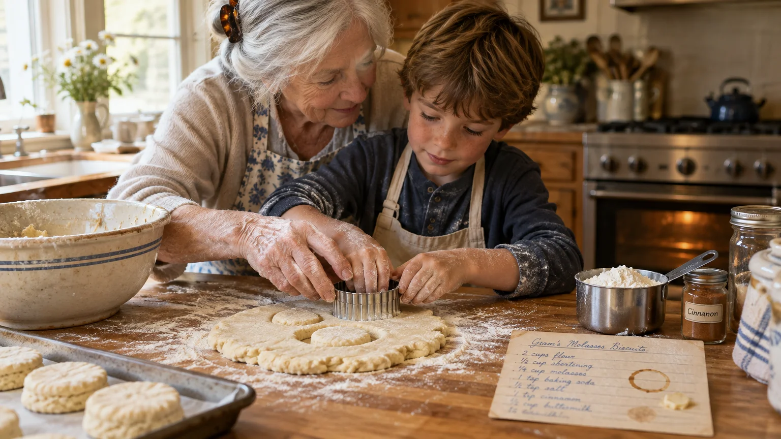 A grandmother guides a young boy using a biscuit cutter on rolled dough beside a handwritten recipe card.