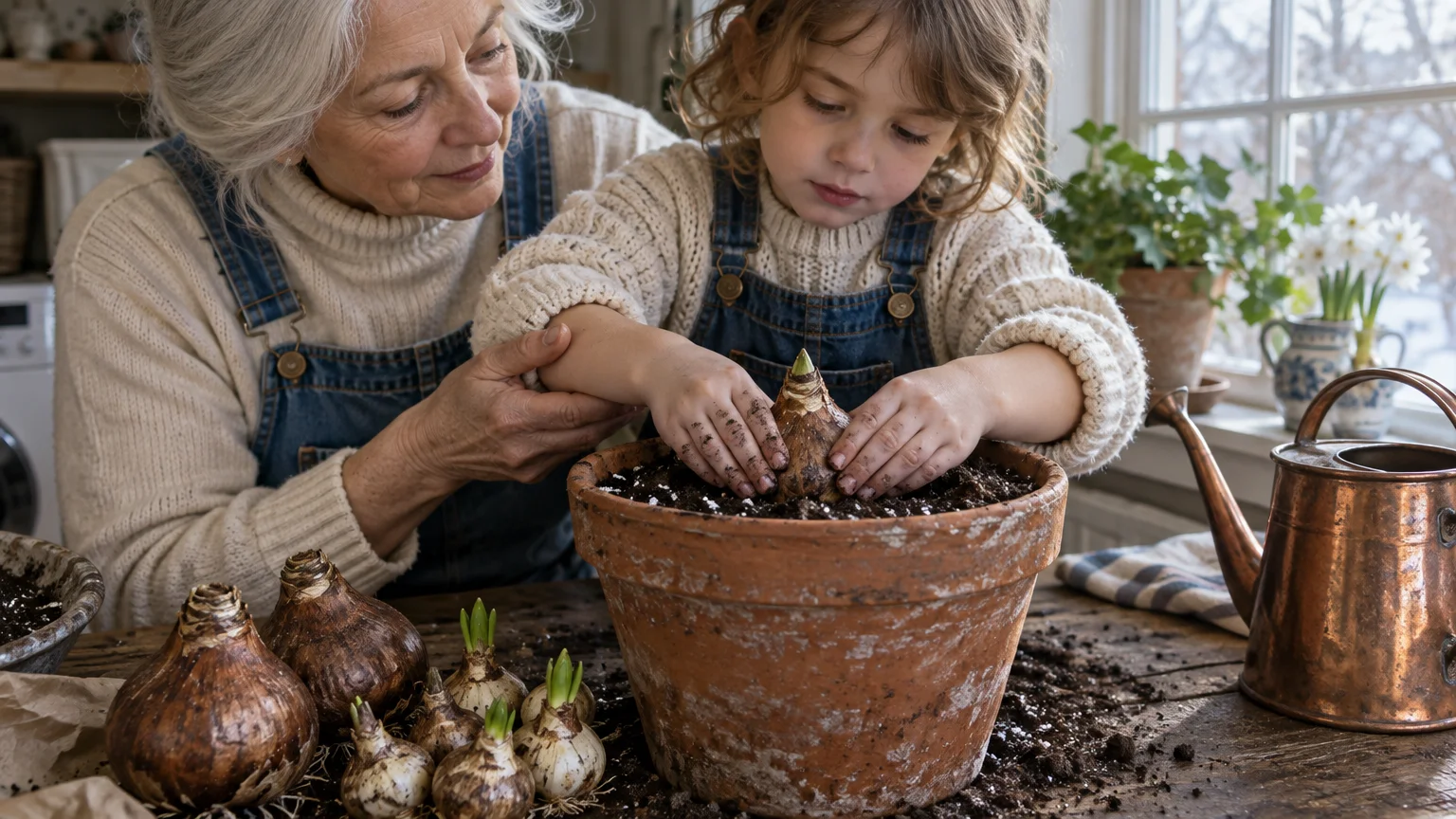 A grandmother and young girl plant a flower bulb into a terracotta pot filled with soil on a wooden table indoors.