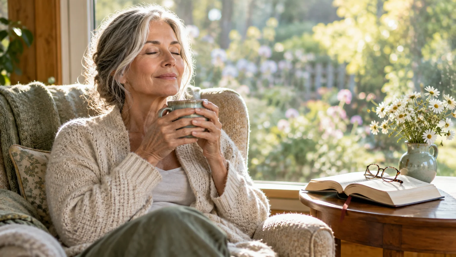 Senior woman sitting in an armchair by a sunny window with eyes closed, holding a mug next to a book and flowers.