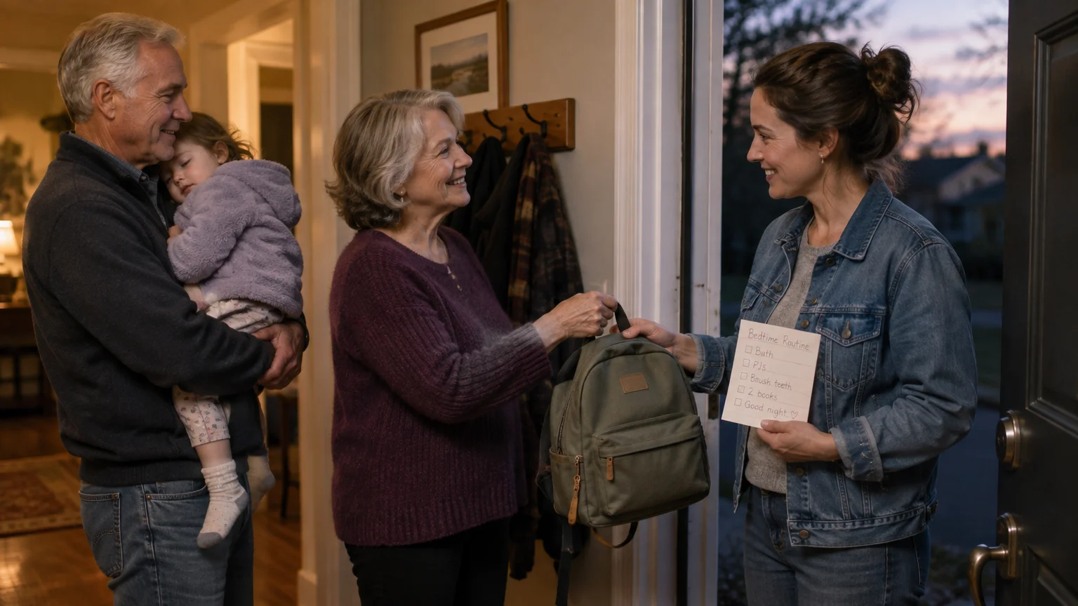 A mother hands a backpack and a bedtime routine checklist to grandparents standing in an open doorway holding a child.