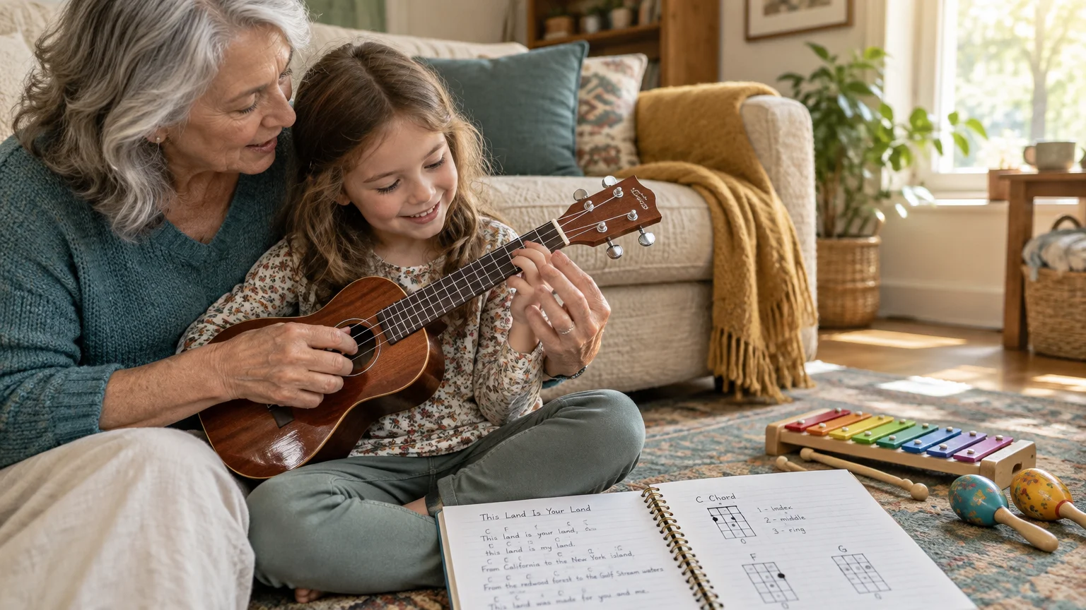 A grandmother helps a young girl play a small ukulele beside a songbook, toy xylophone, and maracas on a living room rug.