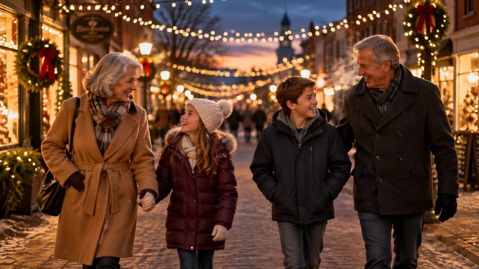 Grandparents walk down a festive, illuminated holiday street in winter coats while talking with their two grandchildren.