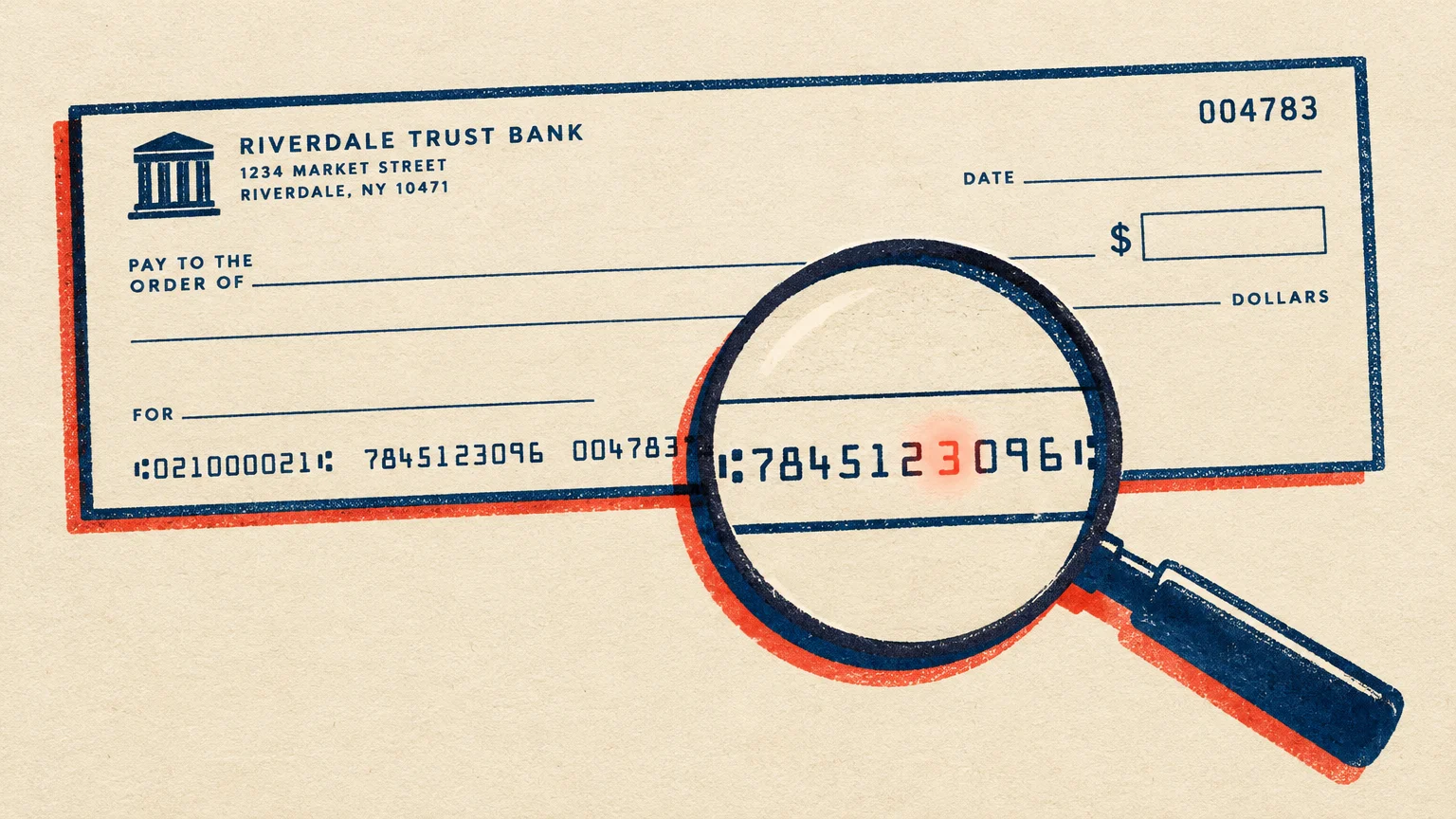 A magnifying glass inspecting numbers along the bottom of a bank check, highlighting a single red digit.