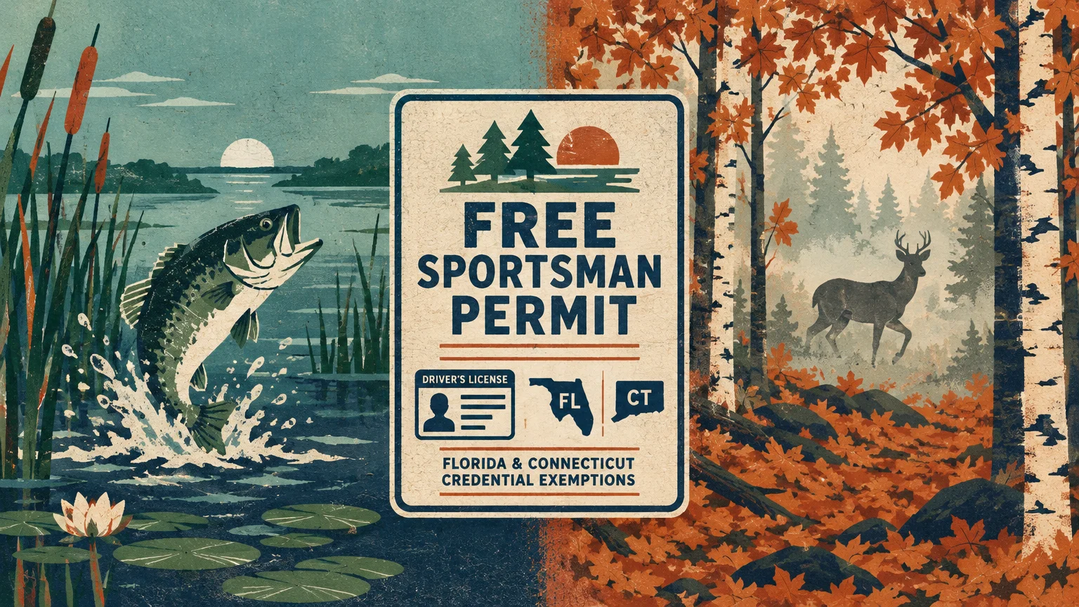 Split illustration of a leaping fish in a lake and a deer in an autumn forest flanking a Free Sportsman Permit sign.