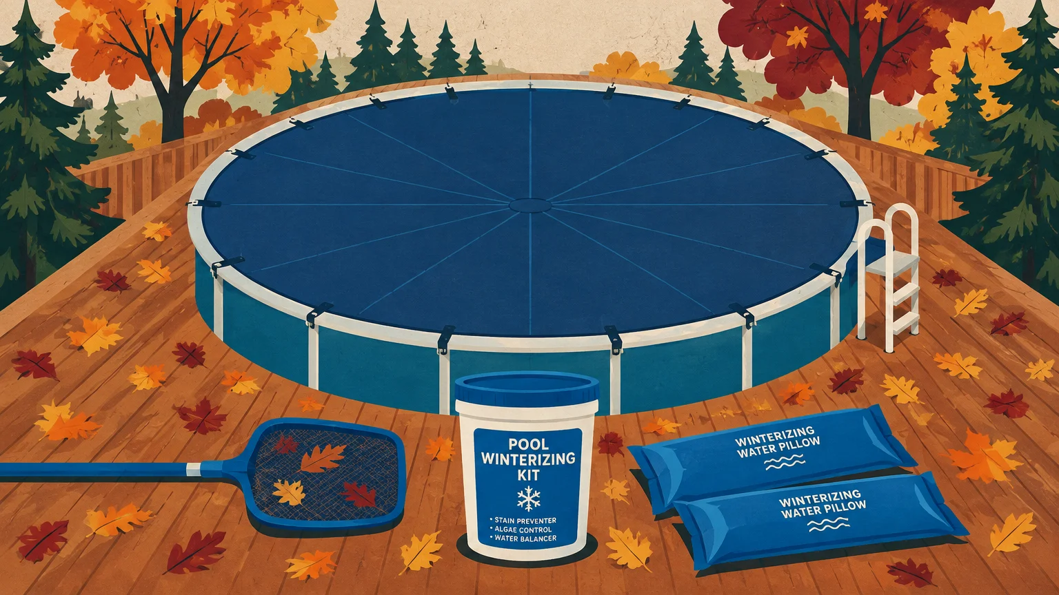 Illustration of a covered above-ground pool on a wooden deck with a skimmer net, winterizing kit, and water pillows.