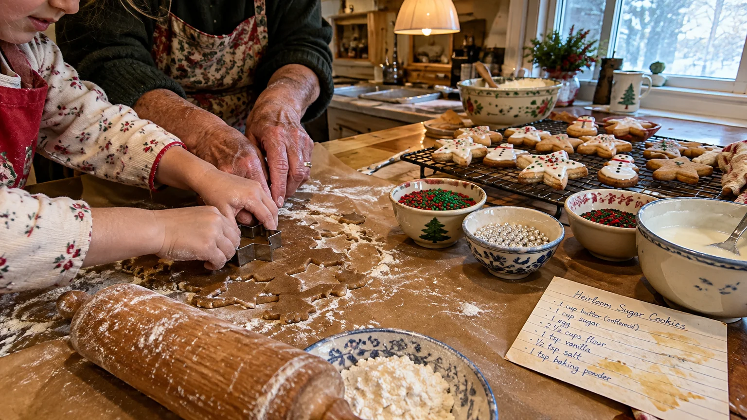 Grandmother and child cutting cookie dough on paper, beside decorated star cookies, sprinkles, and a handwritten recipe card.