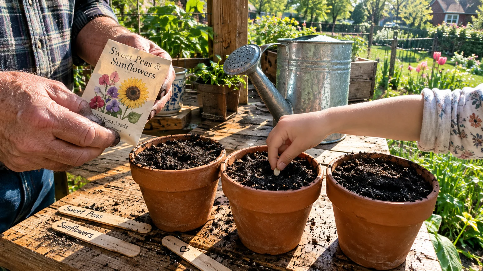 A child plants a seed into a terracotta pot of soil beside an adult holding a seed packet outdoors.