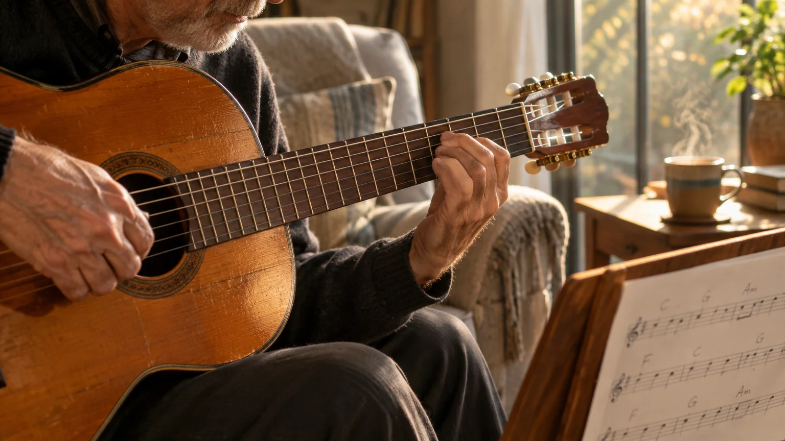 Close-up of an older person playing an acoustic guitar while looking at sheet music on a stand near a sunny window.