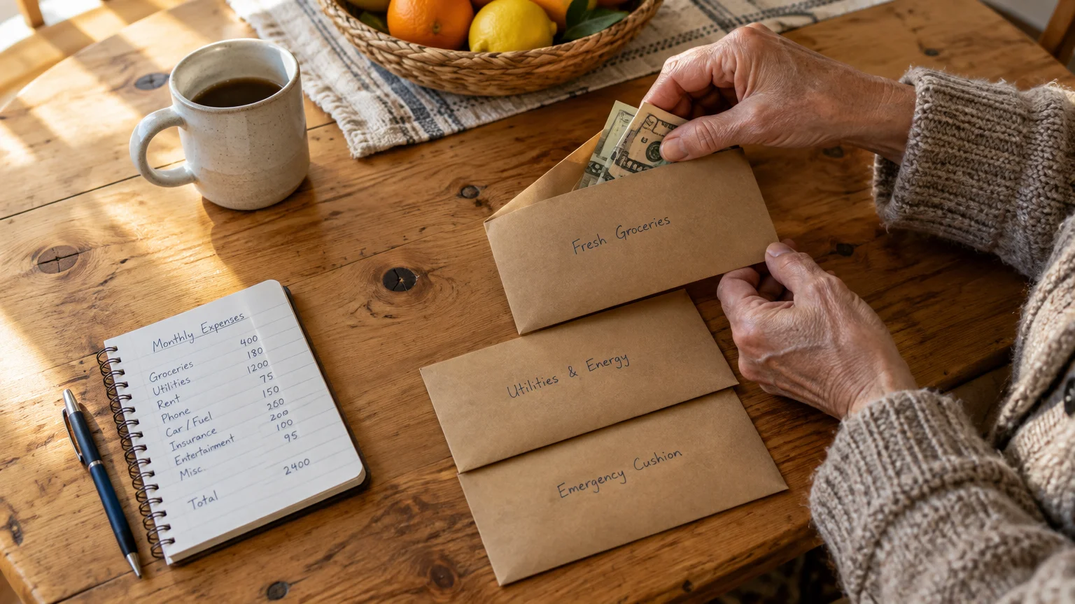 Hands sorting cash into brown budget envelopes near a notebook of monthly expenses and a coffee mug.
