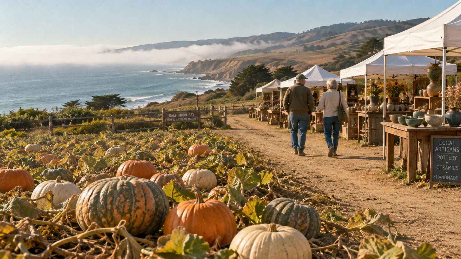 Couple walking past market tents and a pumpkin patch on a dirt path overlooking the coastal ocean bluffs.