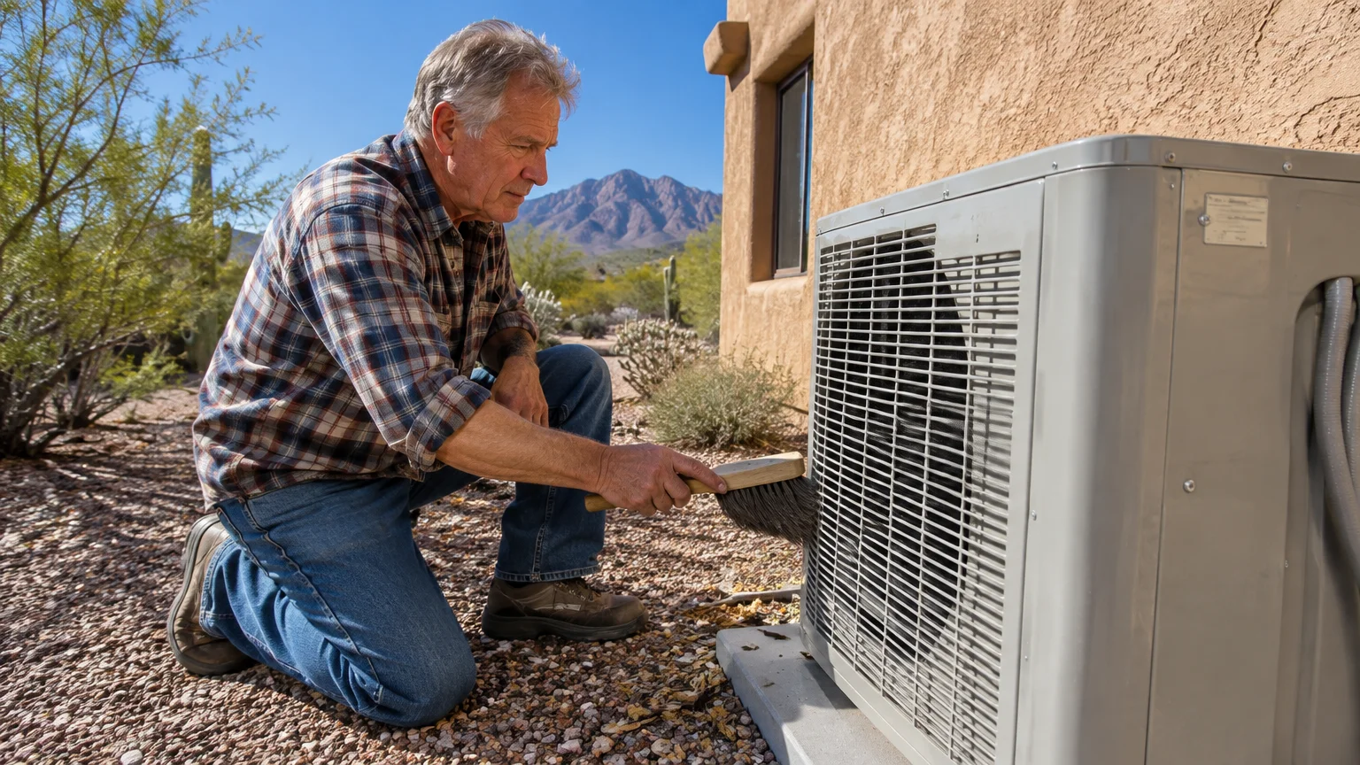 A man kneeling outside an adobe house brushing dirt and debris off the vents of an outdoor heat pump unit.