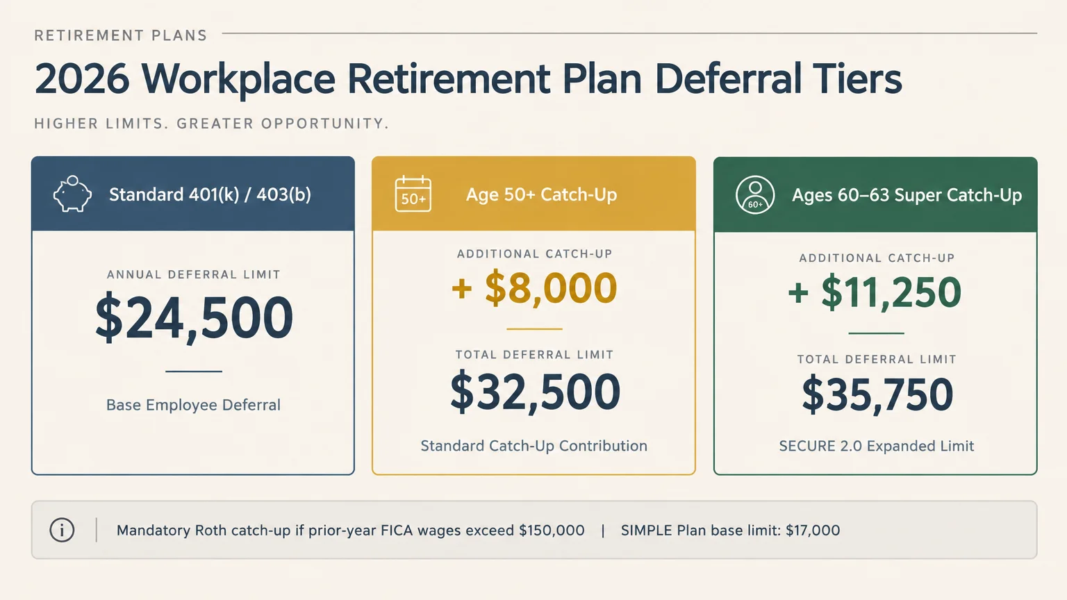 Chart showing 2026 workplace retirement plan deferral tiers for standard contributions, age 50-plus, and ages 60 to 63.