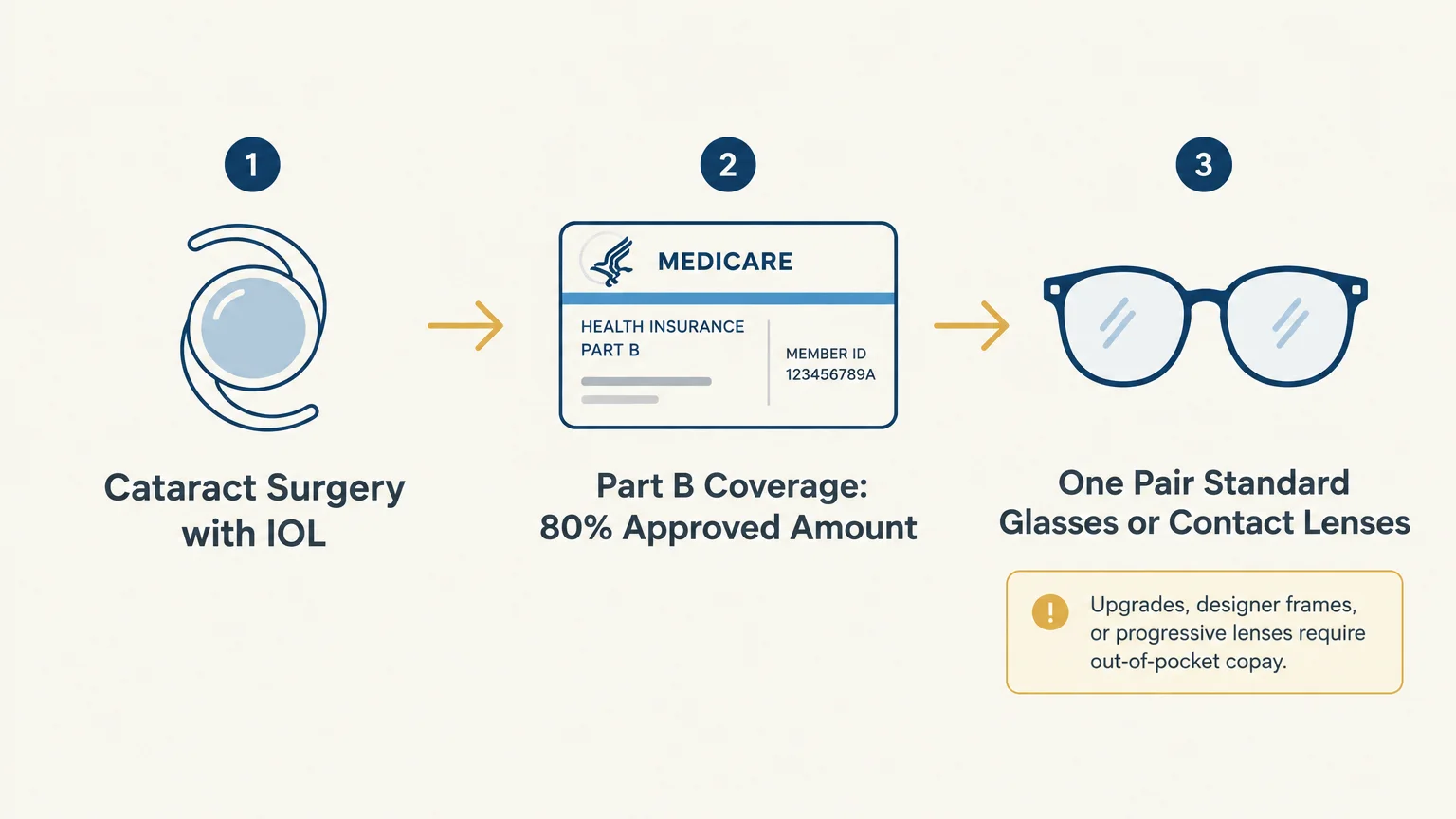 Three-step diagram showing an intraocular lens, a Medicare card with 80% coverage, and a pair of eyeglasses.