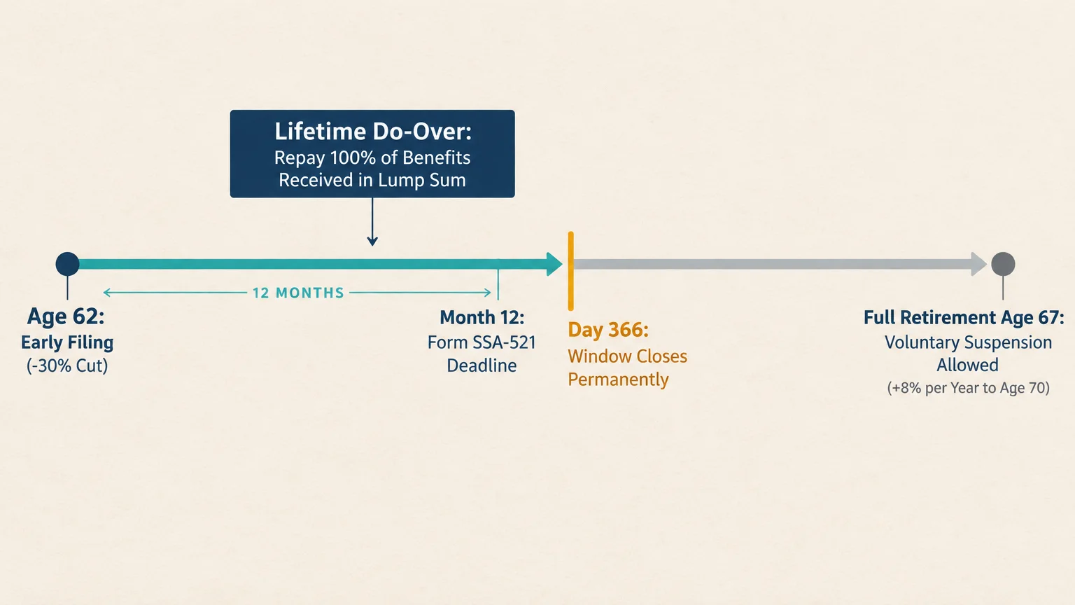 Timeline diagram marking a 12-month window between Age 62 early filing and the Form SSA-521 deadline.
