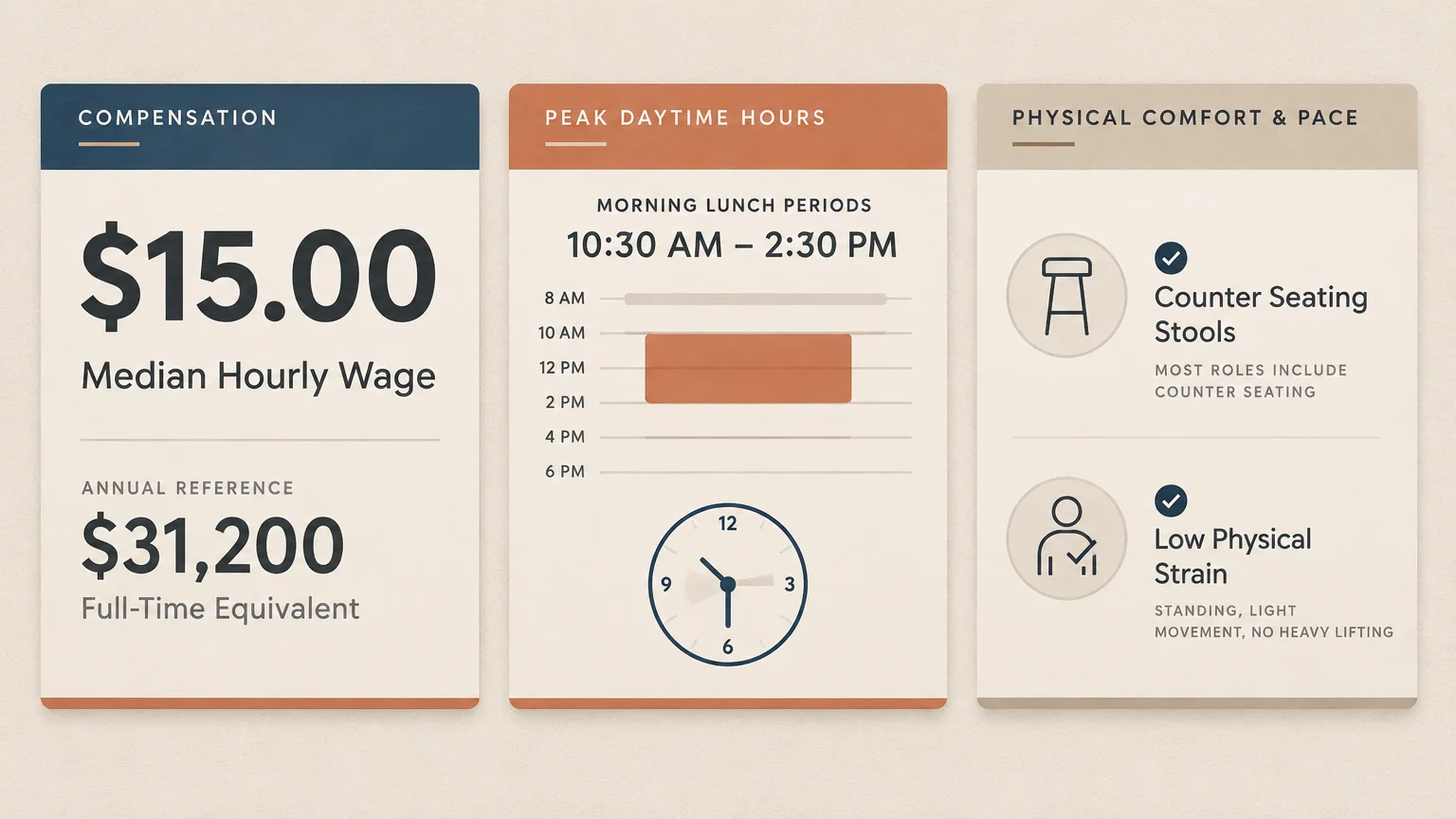 Three cards showing cashier compensation metrics, peak daytime lunch hours, and physical comfort benefits like counter stools.