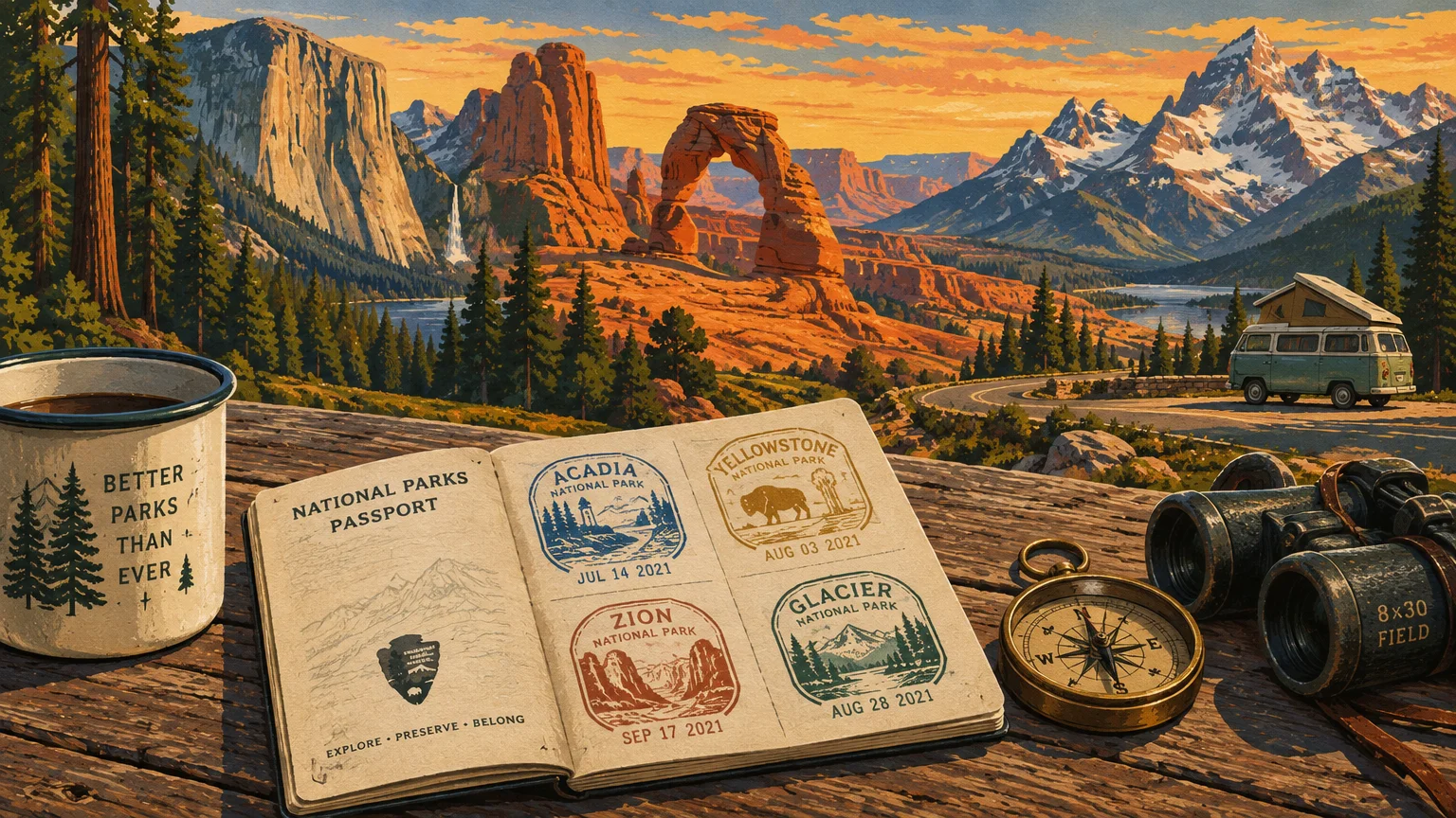 National parks passport, compass, and binoculars on a wooden table overlooking mountains, red rock arches, and a camper van.