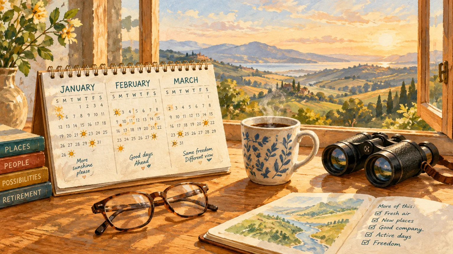 A winter calendar, eyeglasses, coffee mug, binoculars, and notebook sit on a windowsill overlooking rolling hills.