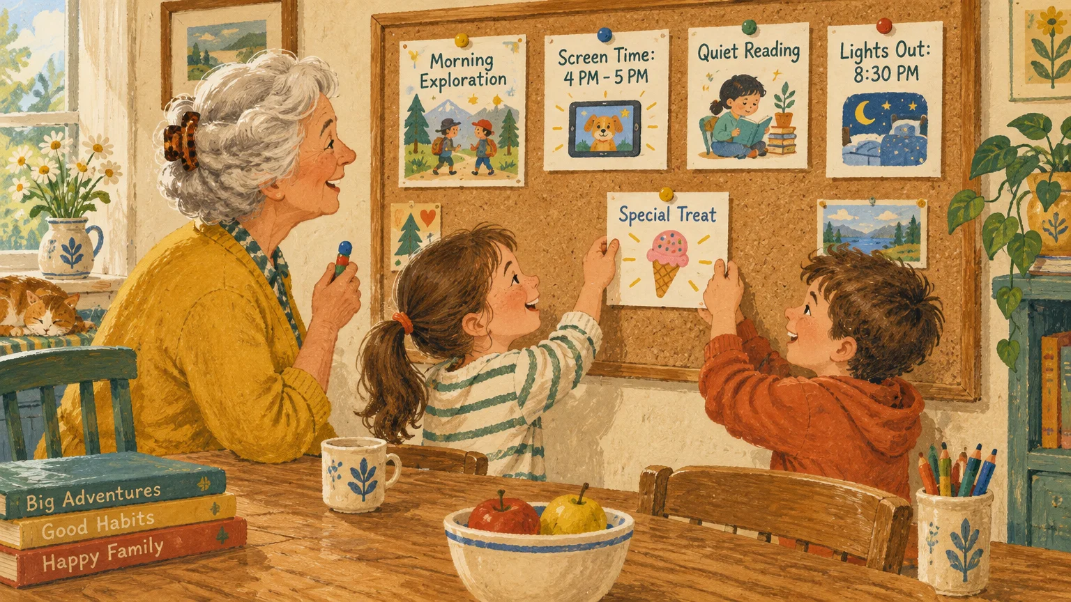 Grandmother and two grandchildren pinning daily schedule cards to a corkboard on the wall.