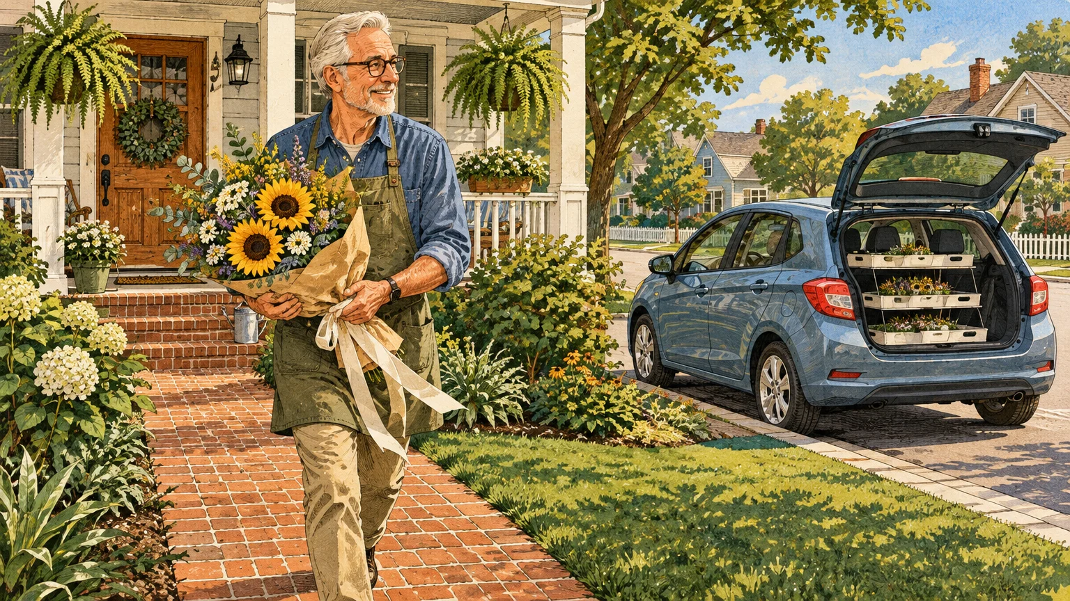 Senior delivery driver carrying a sunflower bouquet down a brick path from a blue hatchback filled with flowers.