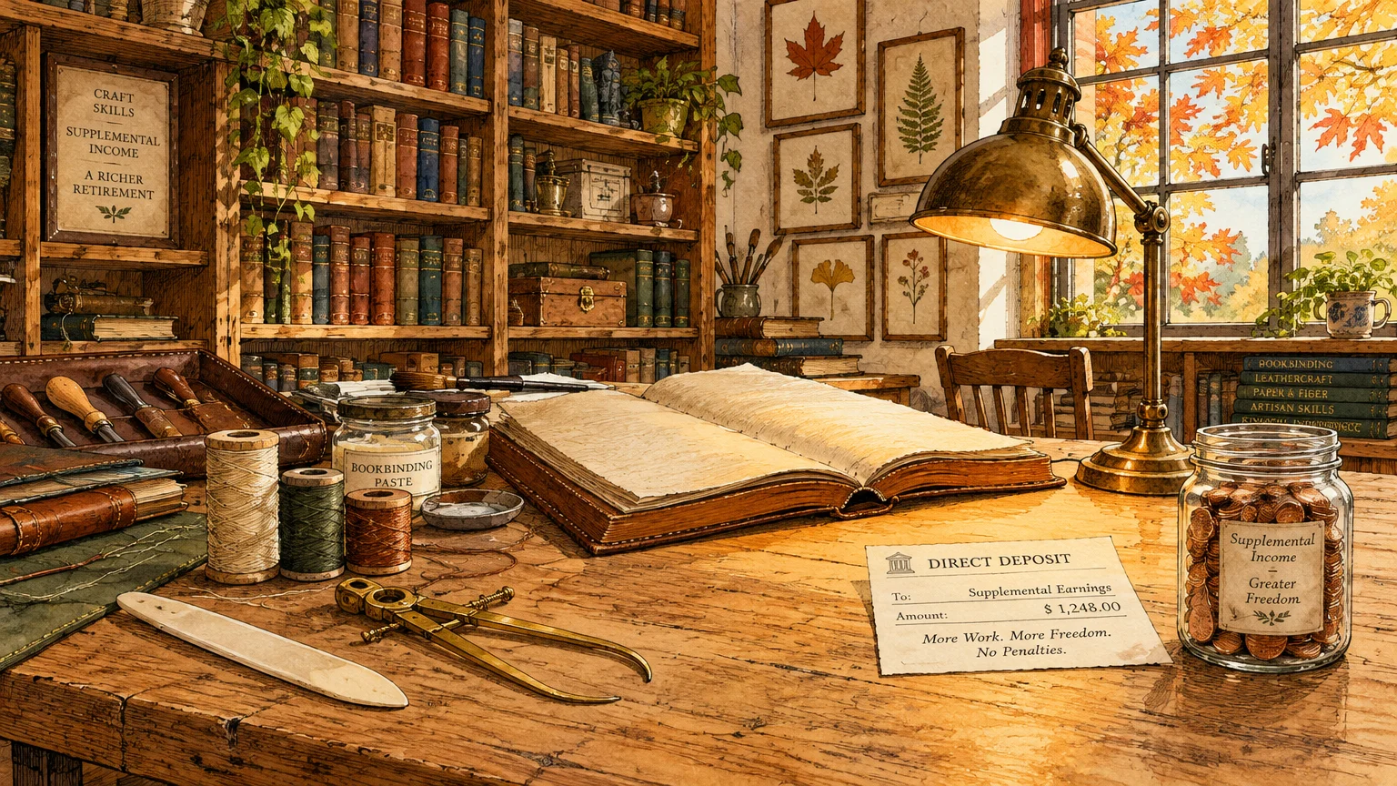 Bookbinding workshop desk with open ledger, tools, thread spools, brass lamp, and a direct deposit slip for extra earnings.