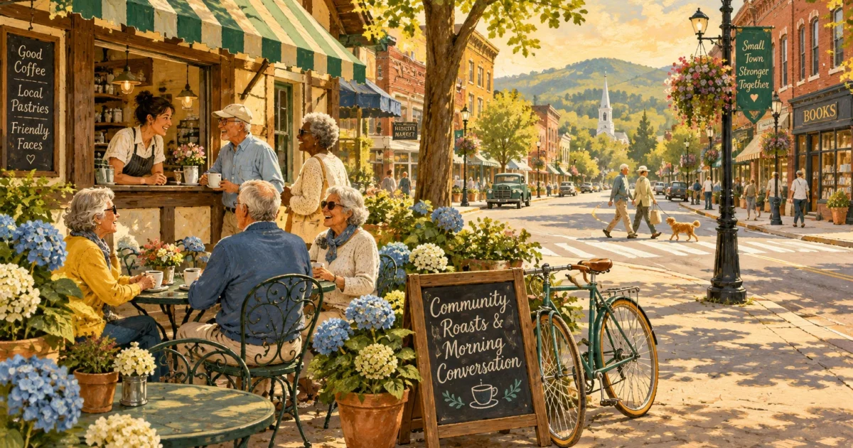 Illustration of seniors drinking coffee and socializing at an outdoor cafe along a sunny, flower-lined small-town street.