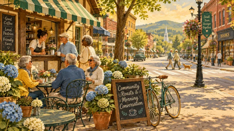Illustration of seniors drinking coffee and socializing at an outdoor cafe along a sunny, flower-lined small-town street.